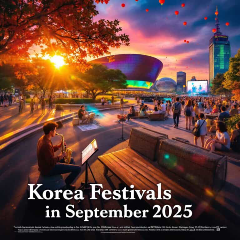 A vibrant festival scene in Korea during September 2025, showing international travelers enjoying music, film screenings, and traditional performances like mask dance. Include Busan Cinema Center, jazz musicians in a park, and colorful lanterns in the evening sky. Warm autumn colors, joyful atmosphere, flat modern illustration style. Text overlay: "Korea Festivals in September 2025".