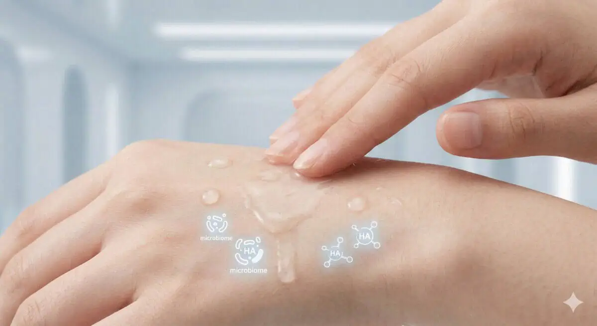 Glass Skin vs. Glazed Donut Skin: What Korean Beauty Actually Teaches Us in 2026 3 Microbiome and hyaluronic acid serum absorption into skin — K-Beauty hydration science — discoverkoreanow.com