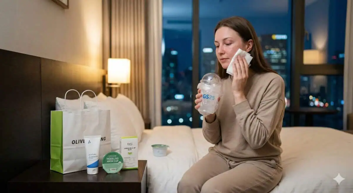 How to Plan a Seoul Beauty Clinic Trip in 2026: The Complete Foreigner's Checklist 2 Seoul clinic hotel recovery kit — GS25 ice compress, Lindsay Modeling Mask, Dr.G Soothing Cream, Aestura Atobarrier, Olive Young bag